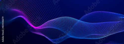 Particle stream. Purple background with many glowing particles. Information technology background. 3d rendering.