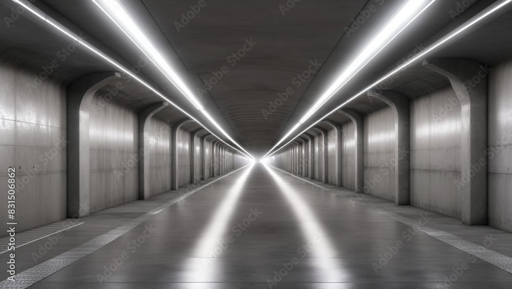 futuristic tunnel with bright lights at the end. The tunnel is made of concrete and has a shiny floor.