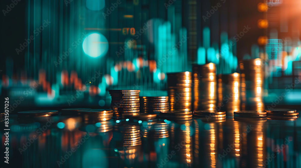 a series of stacked coins with varying heights, arranged from left to right. In the background, there’s an out-of-focus digital graph line, suggesting a financial market trend a series of stacked coins with varying heights, arranged from left to right. In the background, there’s an out-of-focus digital graph line, suggesting a financial market trend