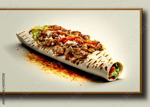 Roll with shawarma sandwich, Chicken Shawarma, fresh grilled don or shawarma beef and chicken and lettuce, tomato, onion, with white garlic sauce. photo