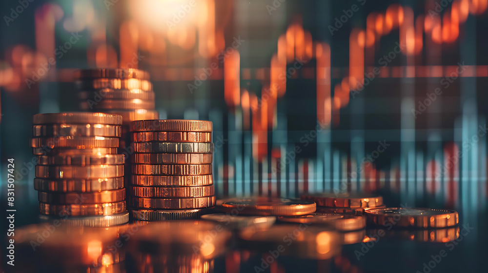 a series of stacked coins with varying heights, arranged from left to right. In the background, there’s an out-of-focus digital graph line, suggesting a financial market trend a series of stacked coins with varying heights, arranged from left to right. In the background, there’s an out-of-focus digital graph line, suggesting a financial market trend