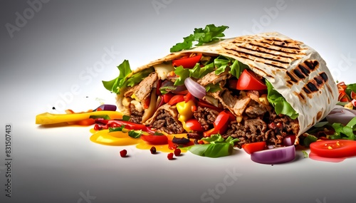 Roll with shawarma sandwich, Chicken Shawarma, fresh grilled don or shawarma beef and chicken and lettuce, tomato, onion, with white garlic sauce. photo