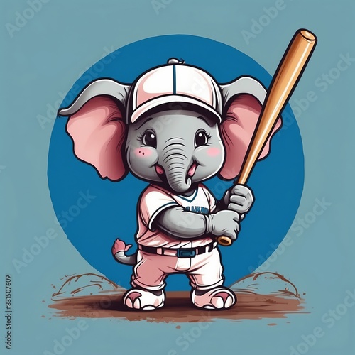 Cute baby elephant baseball player Vector Logo little animal character, illustration simbol print