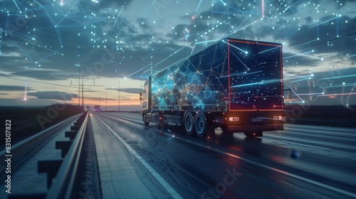 Futuristic Truck with Digital Network at Sunset, Generative AI