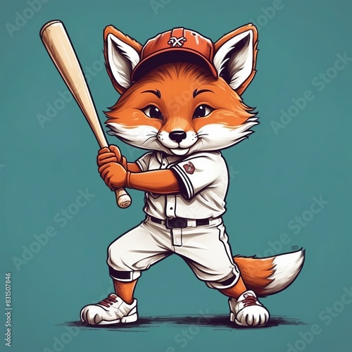 Cute baby fox baseball player Vector Logo little animal character, illustration simbol print