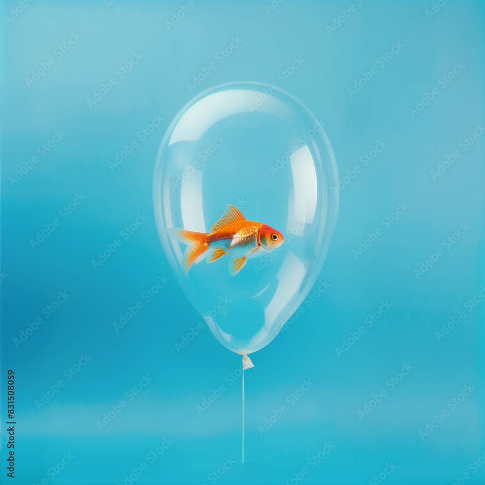 Goldfish in a balloon flying isolated on a pastel blue background. Creative, minimal concept. Goldfish in a balloon flying isolated on a pastel blue background. Creative, minimal concept.