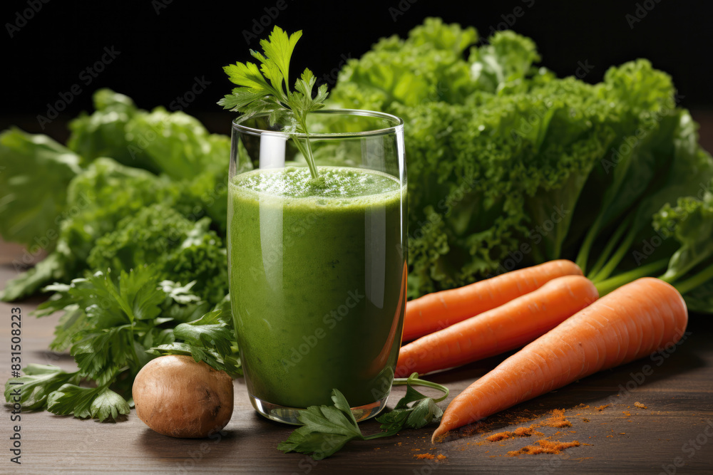 A glass of green juice with a carrot and some parsley on a table A glass of green juice with a carrot and some parsley on a table