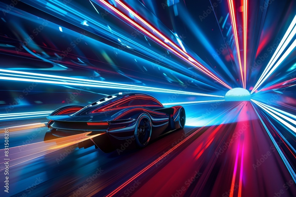 High-speed flying car with glowing trails in a futuristic tunnel