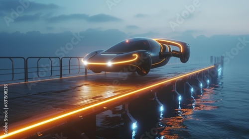 Futuristic Glowing Flying Car Ascending from Illuminated Dock