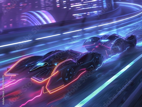 Futuristic Racing: Flying Cars with Neon Lights Speeding Side-by-Side © kittipoj