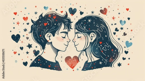 drawing of a man and woman in love. hearts and doodled stars and hearts all around. minimal style