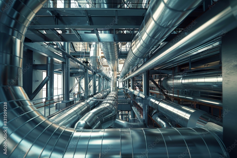 Obraz premium Shiny metal pipelines converge in a complex network within an industrial factory environment
