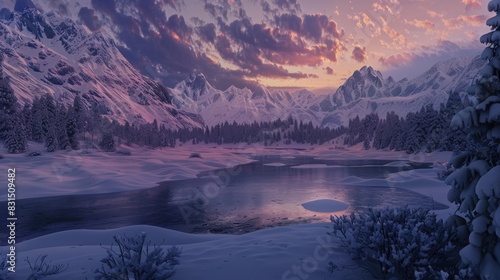Dawn over snowy mountains photo