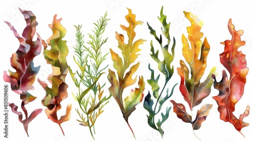 A Vibrant Collection of Seaweed in Watercolor, Generative AI photo