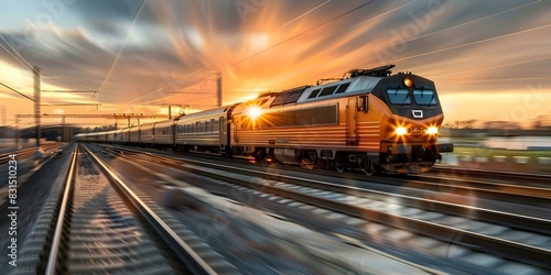 Symbolizing Transportation and Travel: A Photo of a Train on Railway Tracks. Concept Travel, Transportation, Train, Railway, Photohoot photo