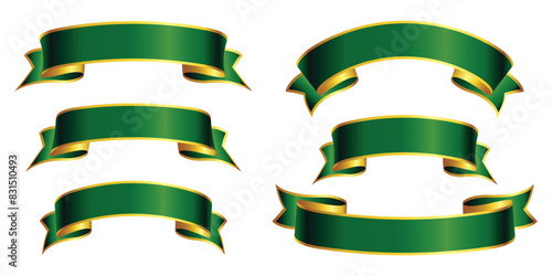 elegant set of green ribbon banner with gold trim transparent background