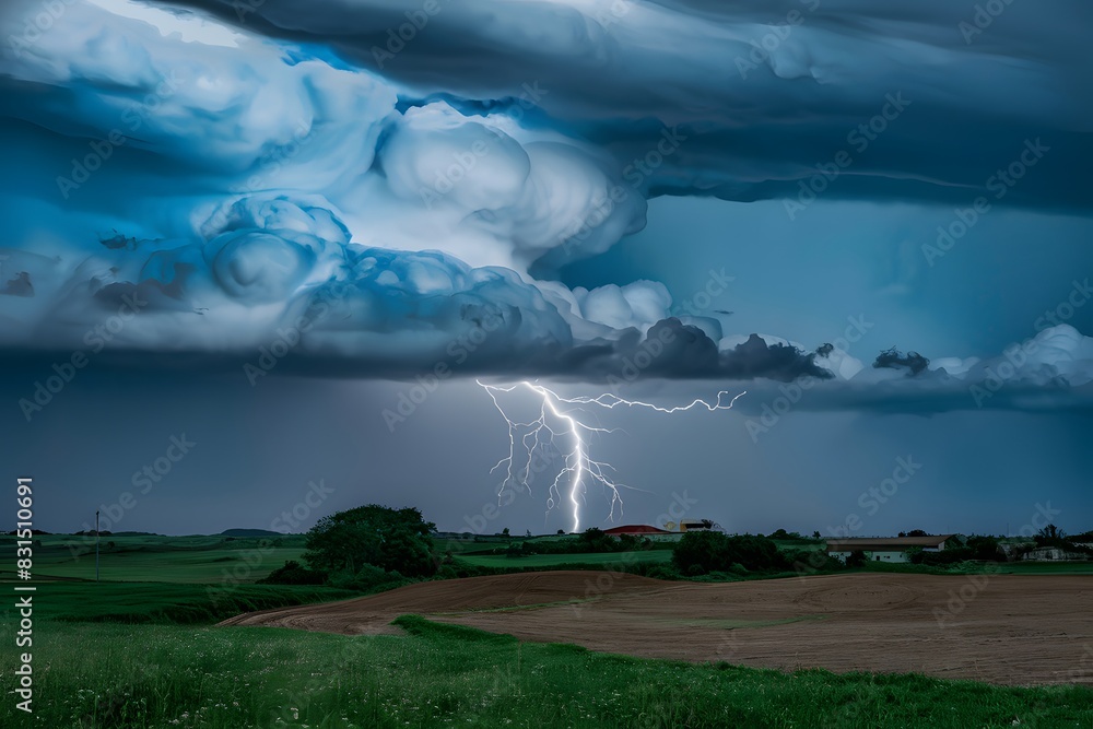 Rolling gray clouds, lightning bolt, green fields, brown land, structures, trees capture natures power