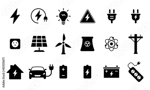 Collection of green energy icons. Icons for renewable energy, green technology. Flat style icon. Environmental sustainability simple symbol - stock vector. Electricity and power icon set. Electric car