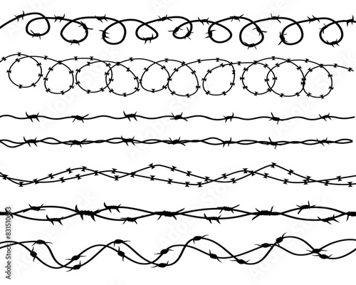 Barbwire set isolated silhouette, vector background. Barbed wire, seamless