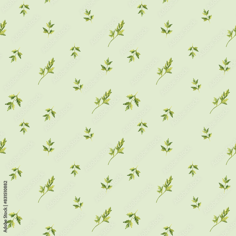 Parsley plant leaves watercolor seamless pattern on a light green background. Can be used for kitchen textile prints, product packaging design. Parsley plant leaves watercolor seamless pattern on a light green background. Can be used for kitchen textile prints, product packaging design.