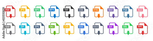 Symbol set file formats. Set of Document File Formats icons. File extensions diverse icons set isolated. Vector illustration.