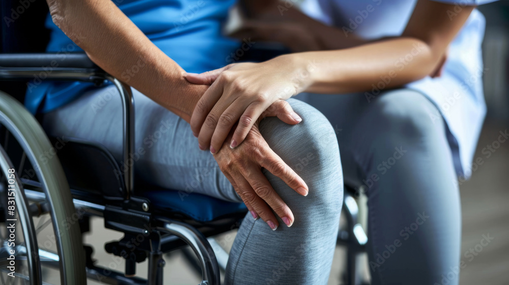 Close-up of a caregiver's hand on a patient's knee, showing empathy and support Close-up of a caregiver's hand on a patient's knee, showing empathy and support