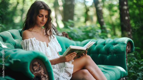 Beautiful smart girl reading book, sitting on green sofa bed in forest and nature, studying background, learning