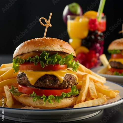 Plate with burger and fries with glass of juice in the background