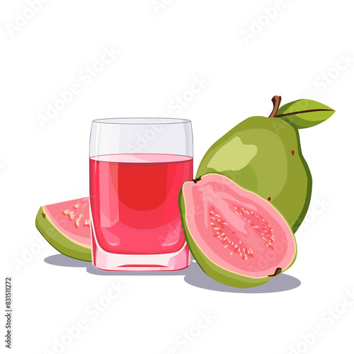 Full glass of pink freshly squeezed guava juice. Isolated vector summer drink for flat design