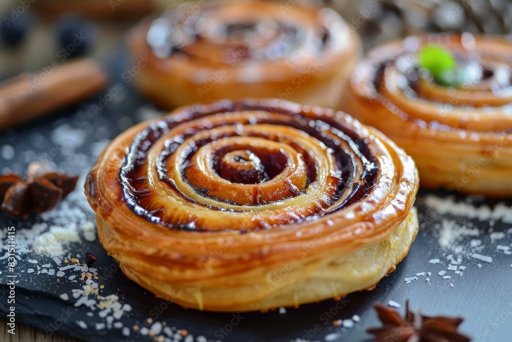 Fototapeta premium Closeup of cinnamon rolls with glaze, surrounded by blueberries and spices
