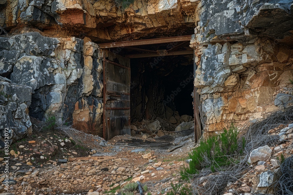 Rugged landscape showing a dilapidated entrance to an old mine, with weathered wooden door Rugged landscape showing a dilapidated entrance to an old mine, with weathered wooden door