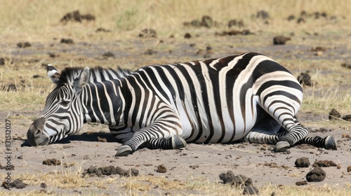 Plains zebra lowers head while laying on the ground