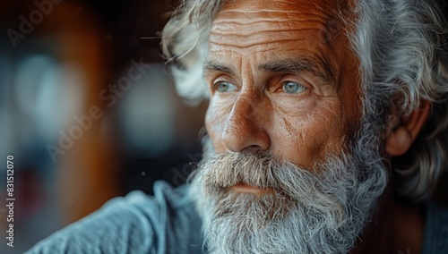 A pensive elderly man with a gray beard in a thoughtful pose, focusing on contemplation and wisdom
