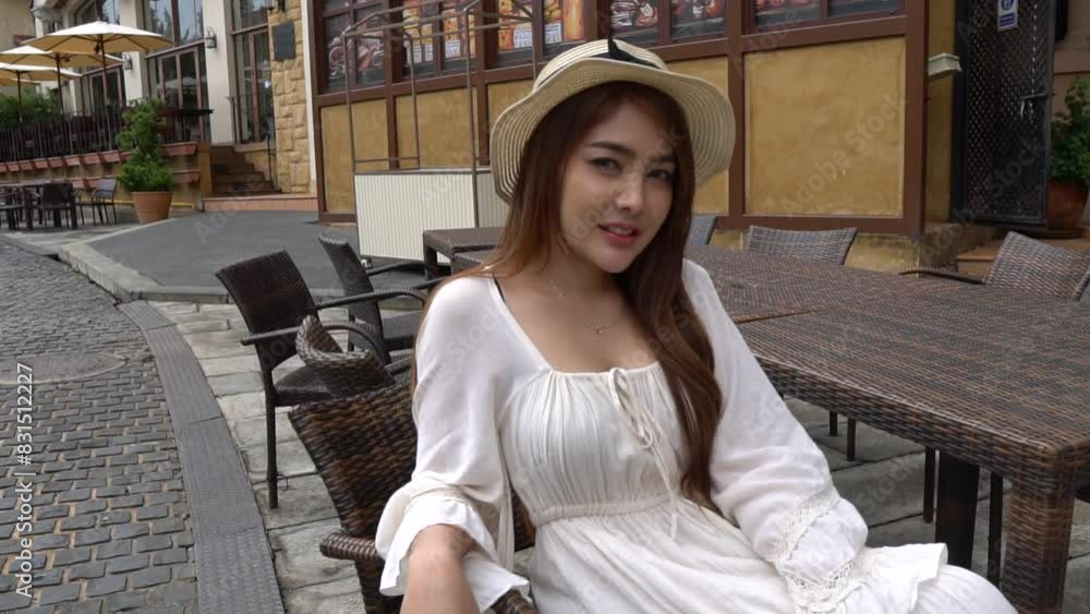 Female Asian go to travel at the old town, Tuscany village style Female Asian go to travel at the old town, Tuscany village style