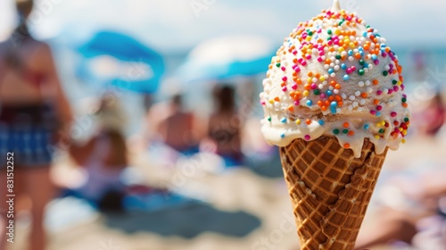 Soft serve ice cream cone with sprinkles at a beach with blurred people in the background. A refreshing and fun summer treat perfect for beach days and summer vacations.