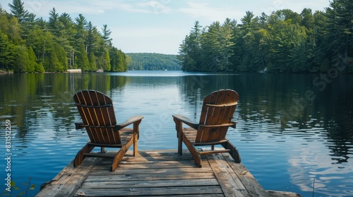 Two Adirondack chairs are positioned on a wooden dock  facing a serene  blue lake
