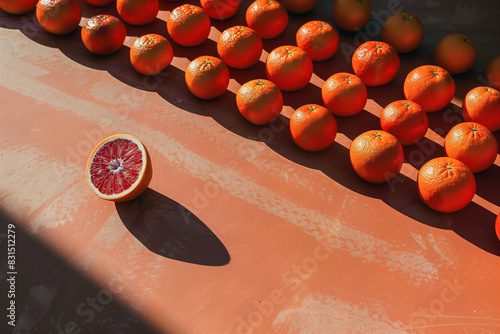 sfondo di arance in fila alla luce del sole con ombre nette photo