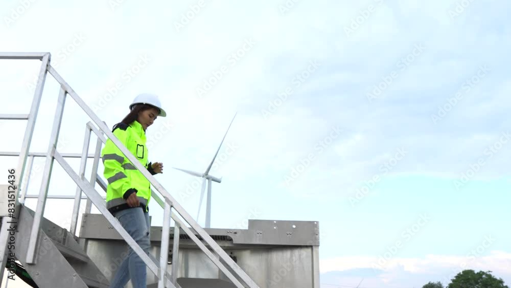 Service engineers checking wind turbine on tablet on wind turbine farm Power Generator on background Station on mountain,Clean energy concept Service engineers checking wind turbine on tablet on wind turbine farm Power Generator on background Station on mountain,Clean energy concept