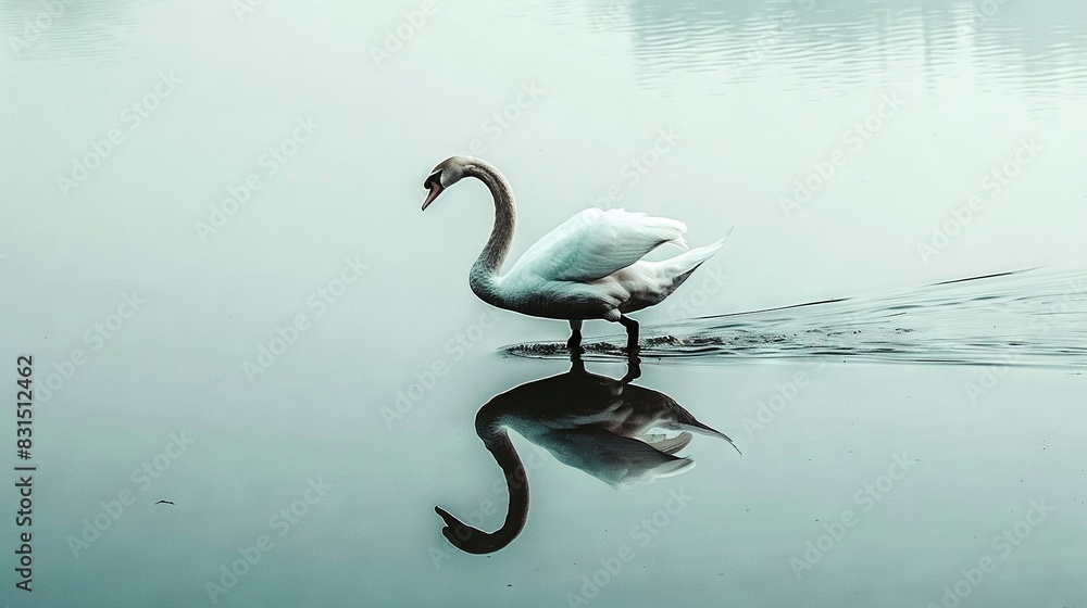 Obraz premium A swan stands in the water, its head submerged and reflected