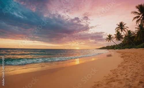 Breathtaking Beach Sunset with Golden Sky, Turquoise Waters, and Serene Shoreline