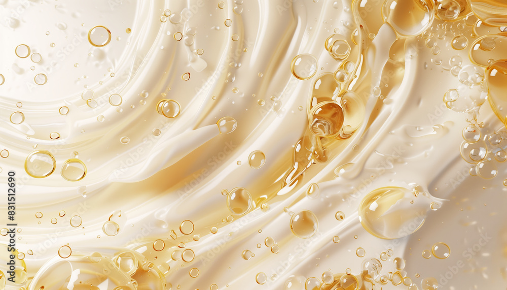 Cream And Essence Oil Blend In Water Bubbles On A White Backdrop - 3d Rendering. A Mesmerizing Visual Of Luxurious Skincare Products. Cream And Essence Oil Blend In Water Bubbles On A White Backdrop - 3d Rendering. A Mesmerizing Visual Of Luxurious Skincare Products.