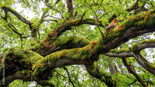   Moss-covered branch with birds perched amidst clouds