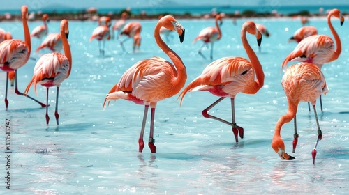  A group of flamingos standing in a pool with their legs in the water and feet out