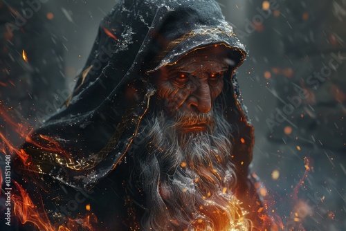 Enigmatic wizard cloaked in darkness summons fiery magic. Ideal for fantasy themes photo