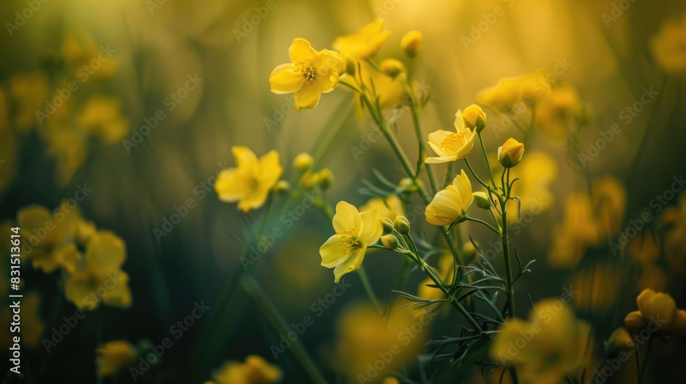 Fototapeta premium Macro view of rapeseed flowers in bloom in a Polish field