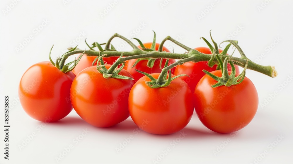 Fresh red tomatoes on the vine isolated on white background highlighting their vibrant color Fresh red tomatoes on the vine isolated on white background highlighting their vibrant color