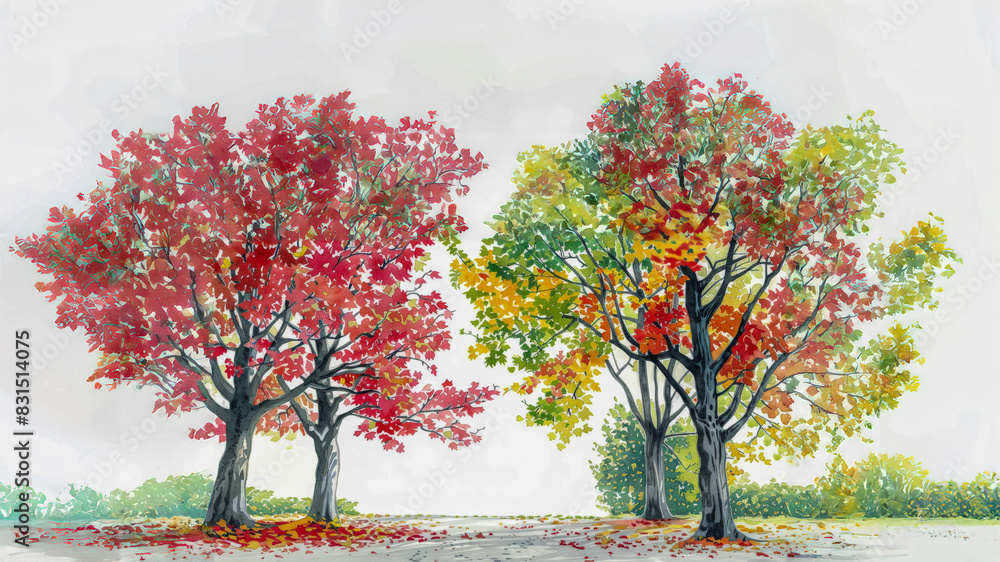 A collection of two maple trees in the autumn, isolated on a white background, excellent for architectural design project.