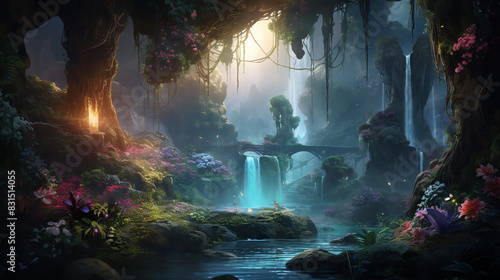 The image depicts a temple hidden in a jungle, with waterfalls flowing down the temple steps.