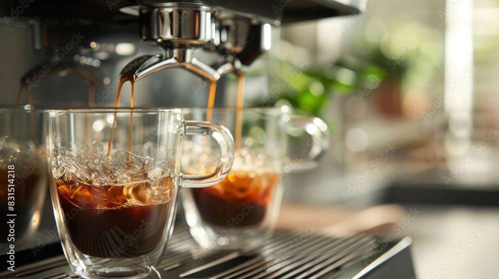 A home espresso machine brewing a fresh dual shot of espresso into clear mugs A home espresso machine brewing a fresh dual shot of espresso into clear mugs