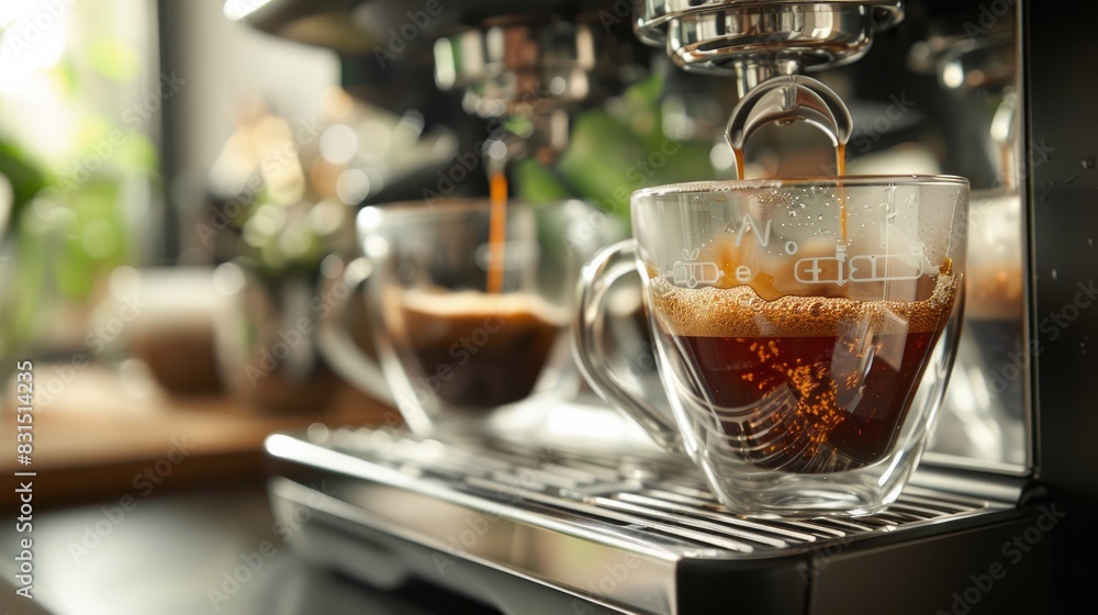A home espresso machine brewing a fresh dual shot of espresso into clear mugs A home espresso machine brewing a fresh dual shot of espresso into clear mugs